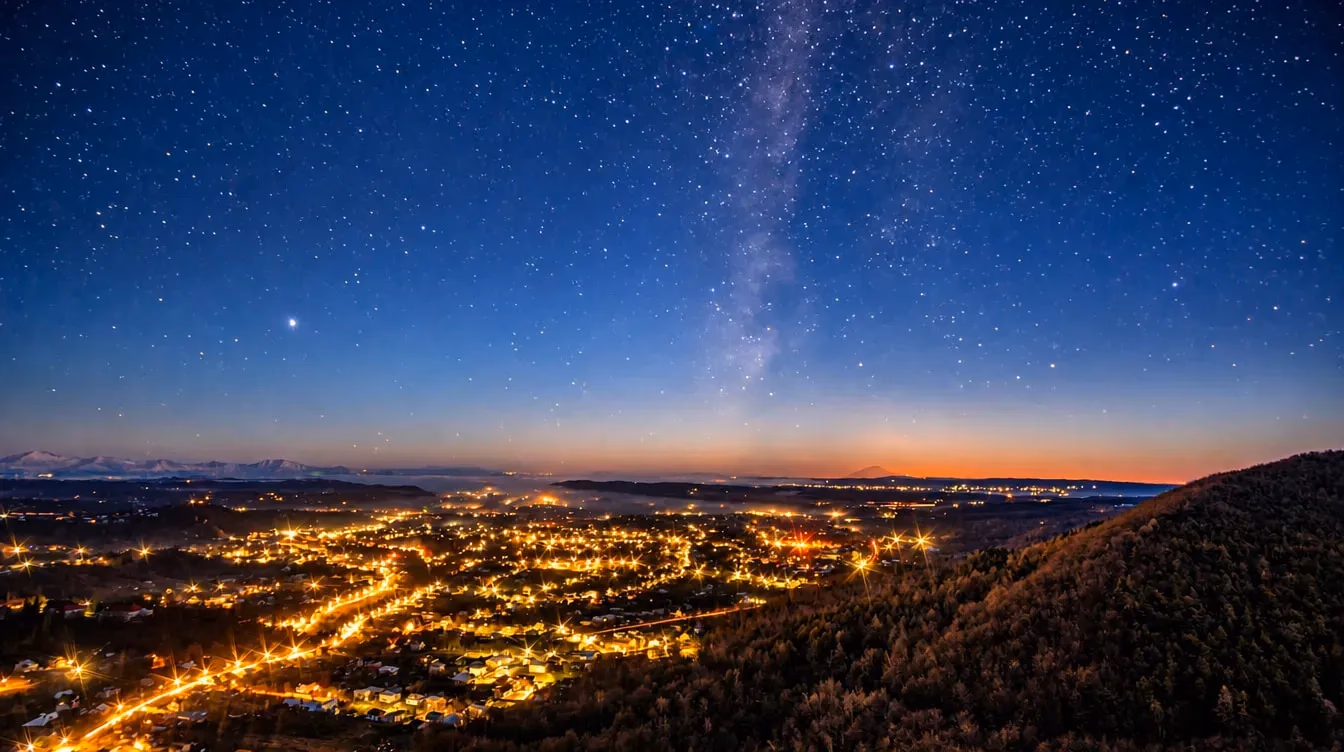 Ciudad de noche bajo la via lactea