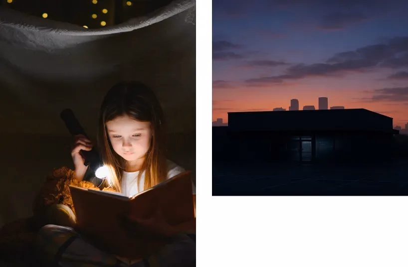 Niña leyendo a la luz de la linterna y comercio a oscuras en medio del apagón