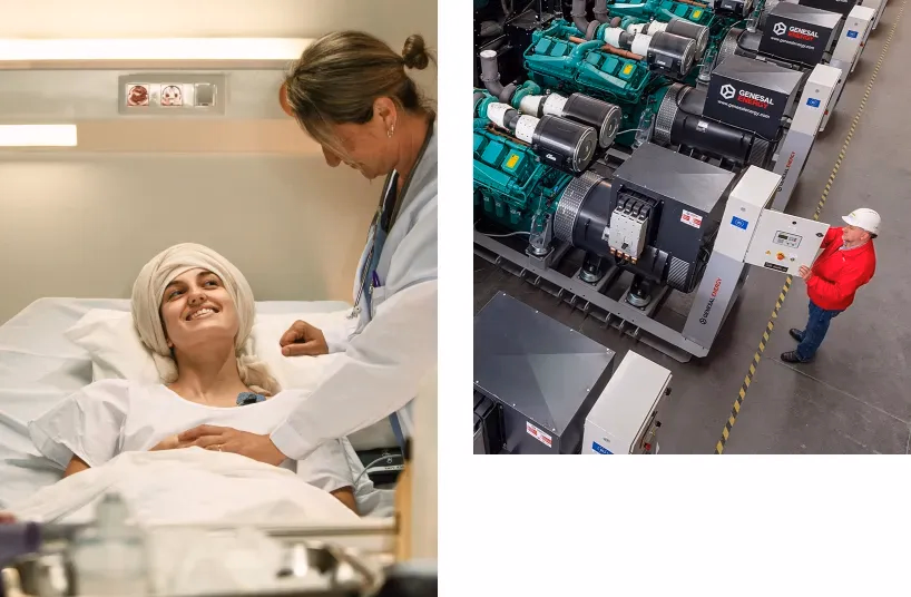 Paciente atendida en un hospital durante un apagón y técnico de Genesal Energy supervisando generadores para garantizar el suministro eléctrico en instalaciones críticas.