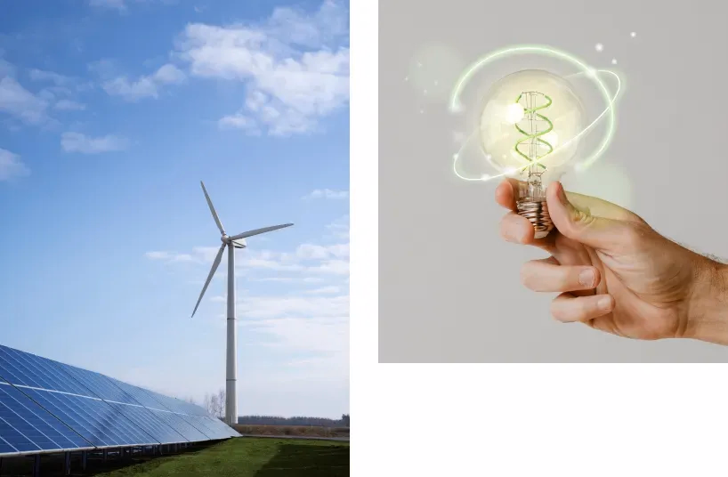 Paneles solares y aerogenerador junto a bombilla simbólica con ADN verde, representando la integración de energías renovables y tecnología en la generación eléctrica.