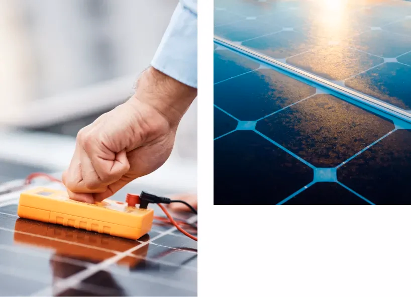 Técnico midiendo el rendimiento de un panel solar con un multímetro.