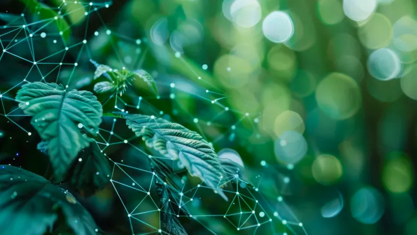 Concepto de tecnología ecológica con nodos superpuestos a hoja verde