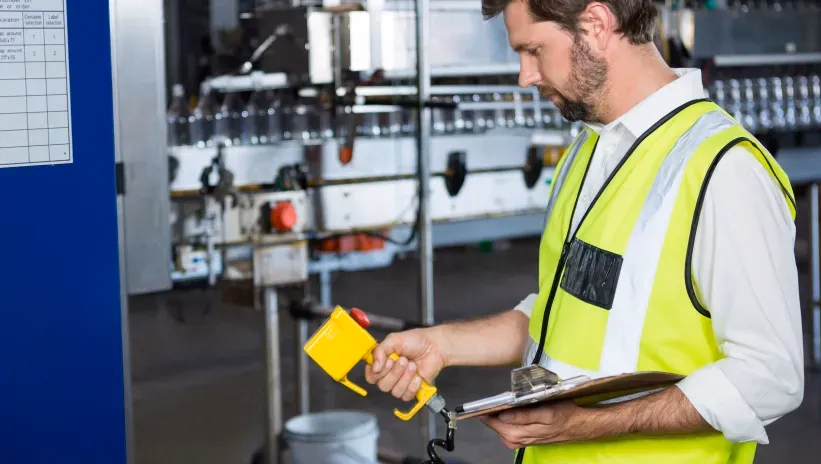 Técnico revisando maquinaria industrial y anotando consumos.