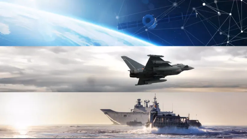 escenarios bélicos con satélite de comunicaciones, avión caza y embarcación de guerra
