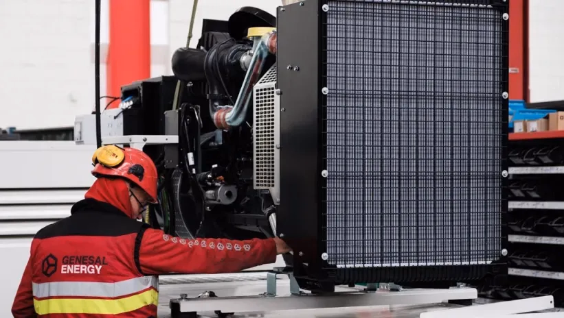 Técnico de Genesal Energy inspeccionando un grupo electrógeno.