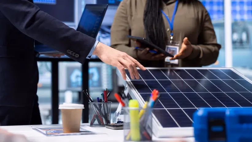 Técnicos revisando un panel solar en un entorno de trabajo técnico.
