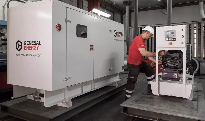 Técnico trabajando en la instalación de un grupo electrógeno industrial nuevo.